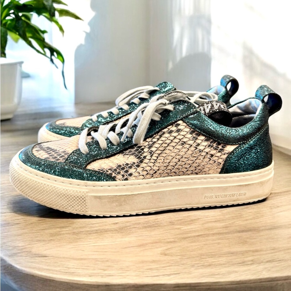 P448 Soho Low-Top Slip-On Sneakers Glitter Green, Size 37